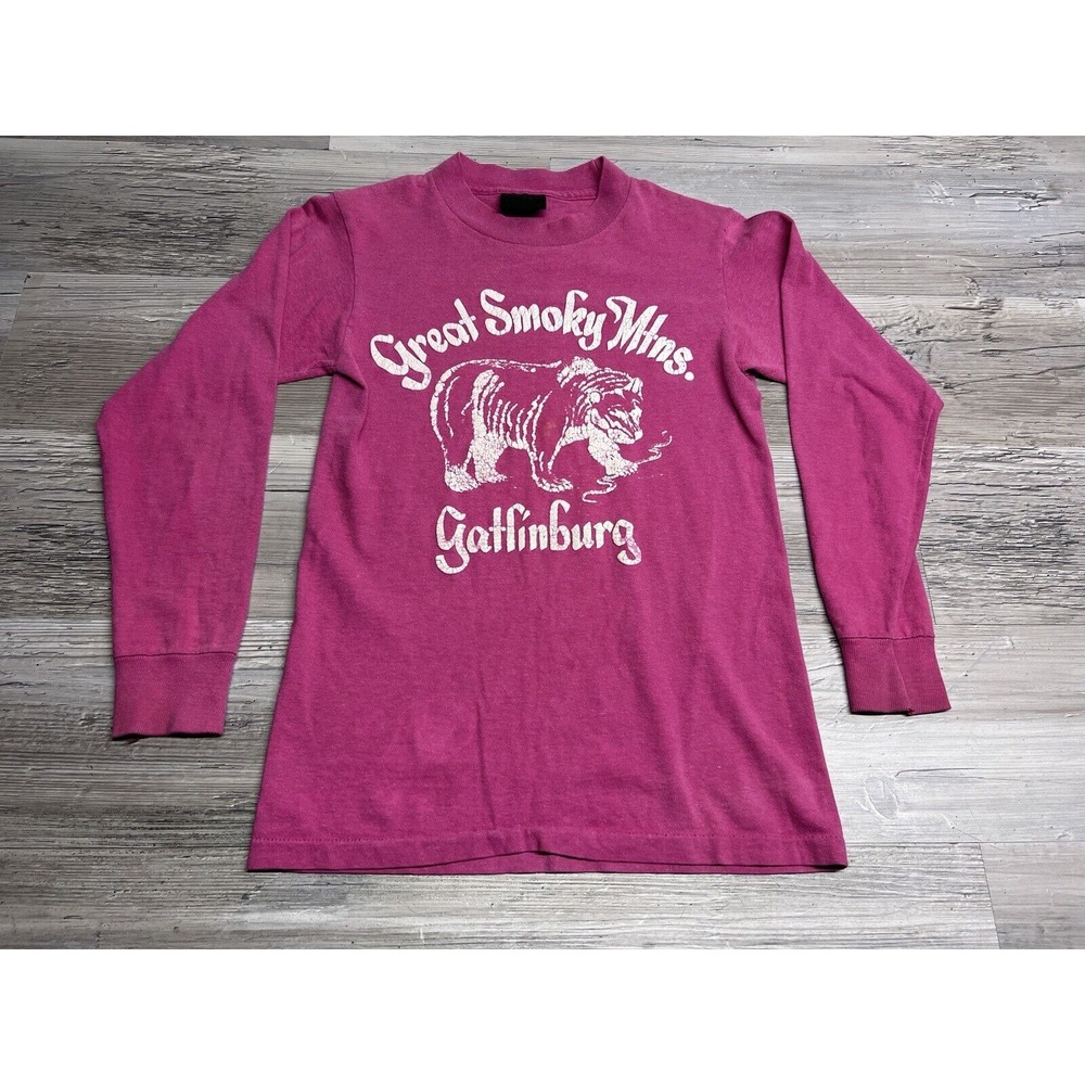 Vintage 90s Great Smoky Mountains Gatlinburg Long Sleeve T Shirt Pink‎ Size S/XS